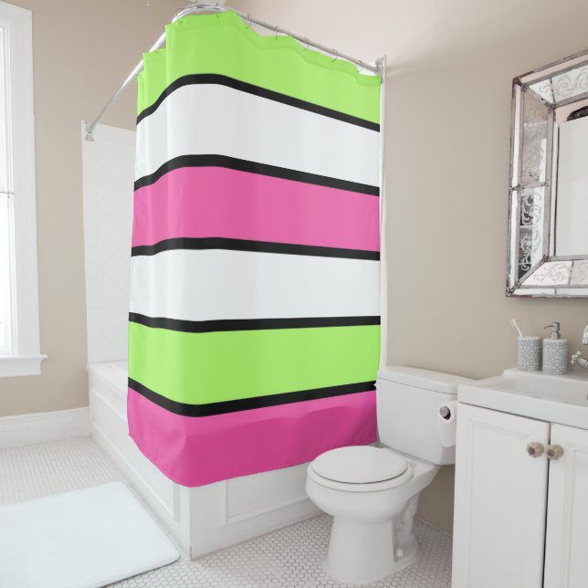 Rideaux De Douche Rose chaud, vert citron, noir et blanc rayures (En situation)