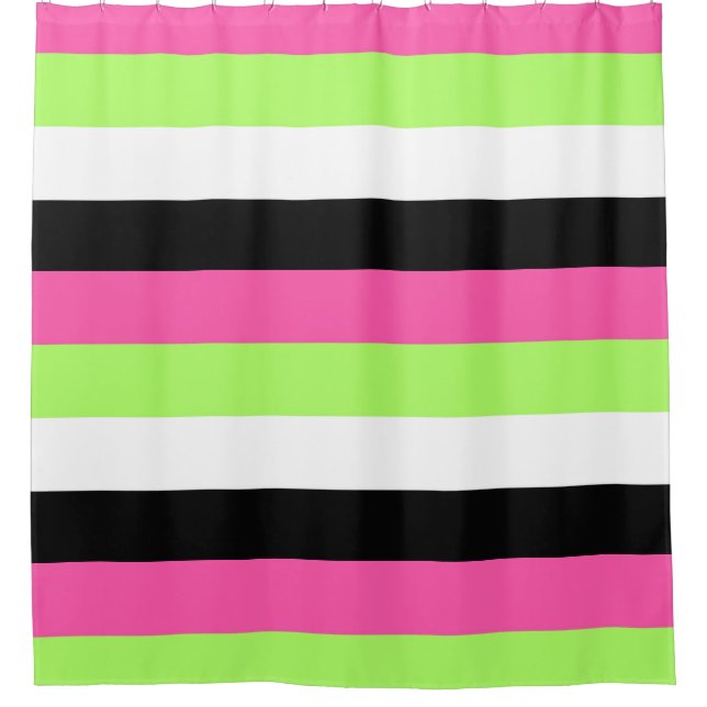 Rideaux De Douche Rose chaud, vert citron, noir et blanc rayures (Devant)