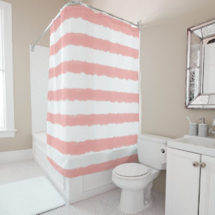 Rideaux De Douche Rose corail pastel et rayures aquarelles blanches
