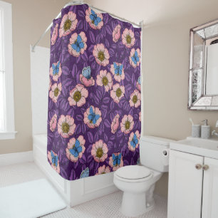 Rideaux De Douche Rose de chien et papillons en rose et violet