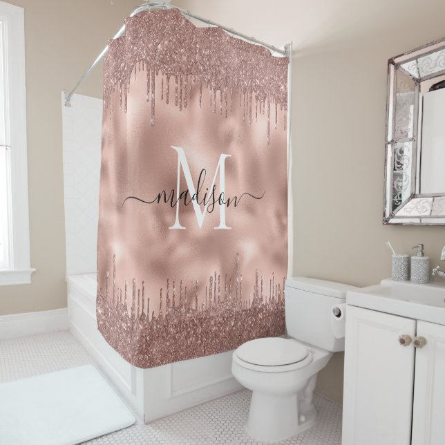Rideaux De Douche Rose métallique Monogramme Parties scintillant ros (En situation)