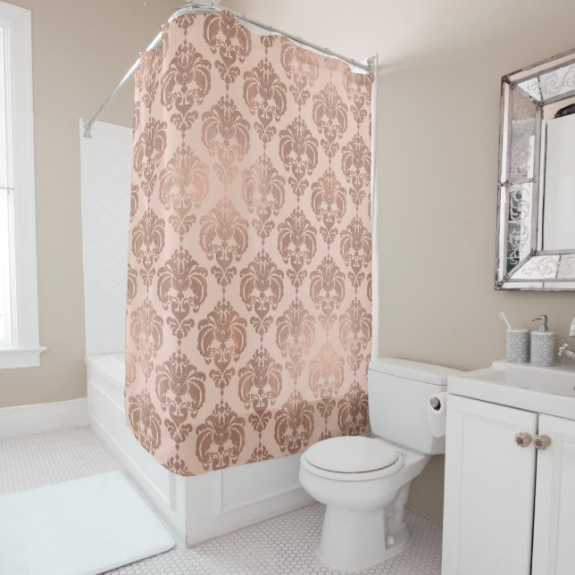 Rideaux De Douche Rose Or Blush rose moderne Glam Damask (En situation)