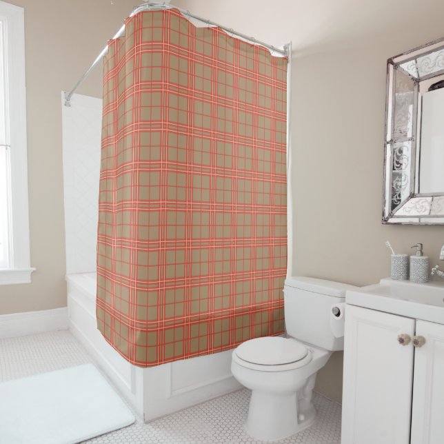 Rideaux De Douche Rose, Pêche et Brown Plaid (En situation)