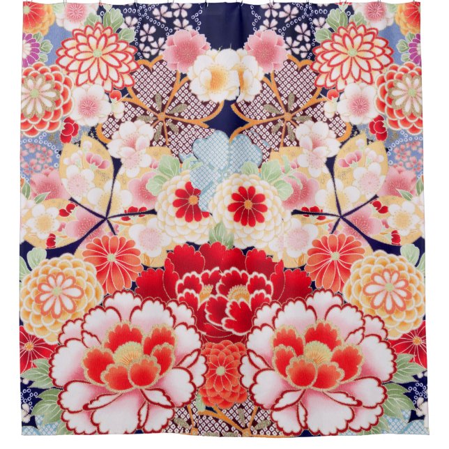 Rideaux De Douche ROSE ROUGE BLANC FLEURS pivoines, Floral japonais  (Devant)