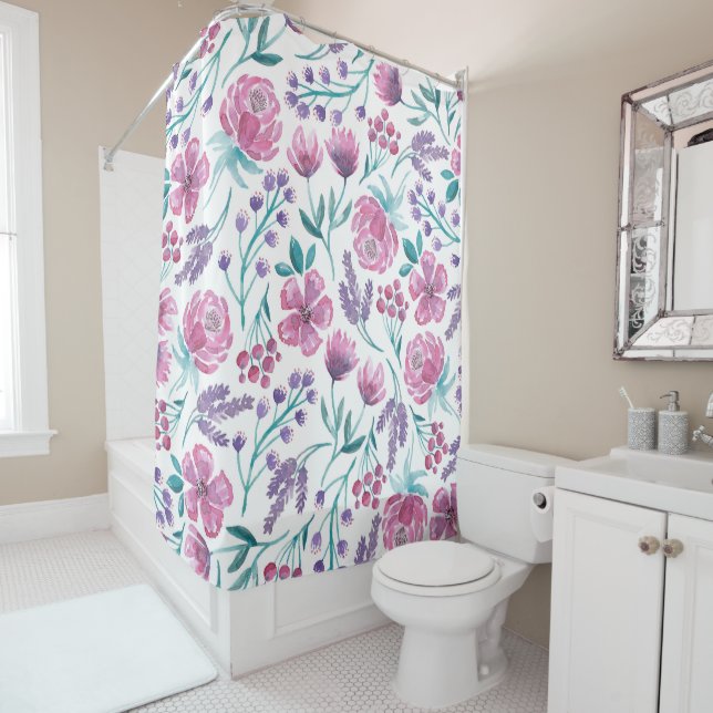 Rideaux De Douche Rose violet Turquoise Aquarelle Fleurs Motif (En situation)