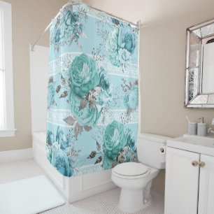 Rideaux De Douche Roses bleus avec détails dentelle