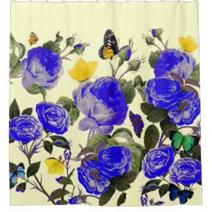 RIDEAUX DE DOUCHE ROSES BLEUS ET BOUTEILLES JAUNES BLANCS