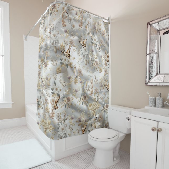 Rideaux De Douche Roses d'or blanc, soie de champagne et papillons (En situation)