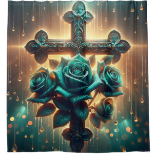 Rideaux De Douche "Roses et croix bleus mystiques"