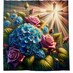 Rideaux De Douche "Roses et hydrangées avec Croix - Art spirituel"