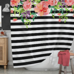 Rideaux De Douche Roses floraux noirs et blancs Aquarelle art Bande