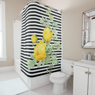 Rideaux De Douche Roses jaunes vintages sur bandes noires et blanche