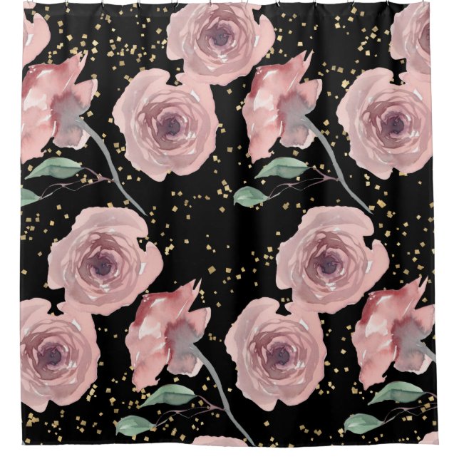 Rideaux De Douche Roses roses blanches avec étincelles d'or sur noir (Devant)