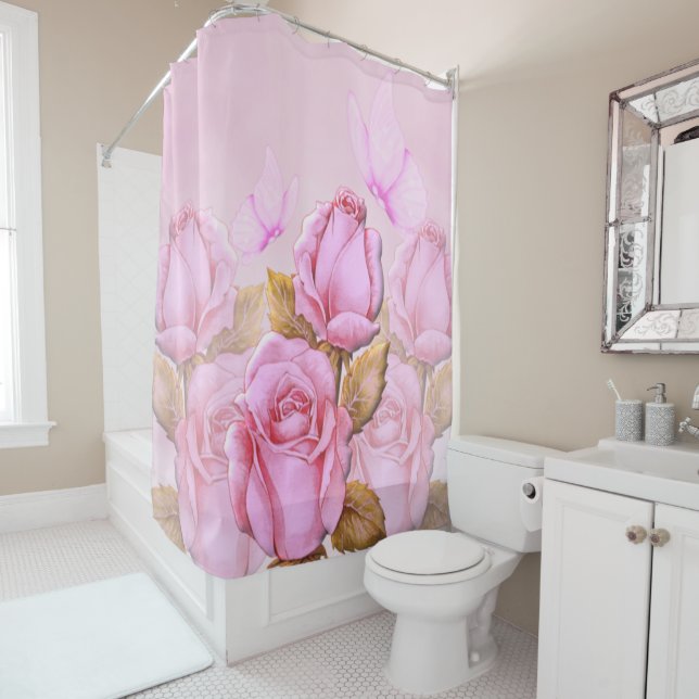 Rideaux De Douche Roses roses et papillons (En situation)