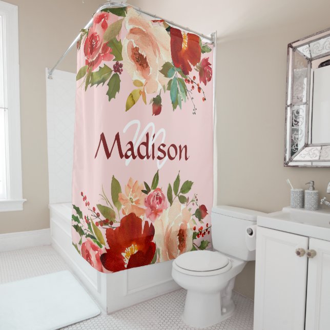 Rideaux De Douche Roses Roses Roses Rouge Tendance Monogramme Fille (En situation)