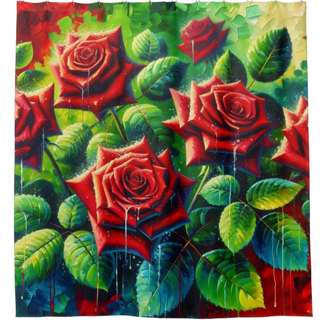 Rideaux De Douche "Roses rouges avec gouttes de pluie"