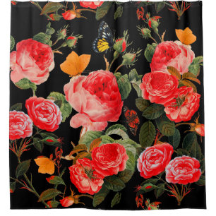 Rideaux De Douche ROSES ROUGES ET BOUTEILLES JAUNES Floral noir