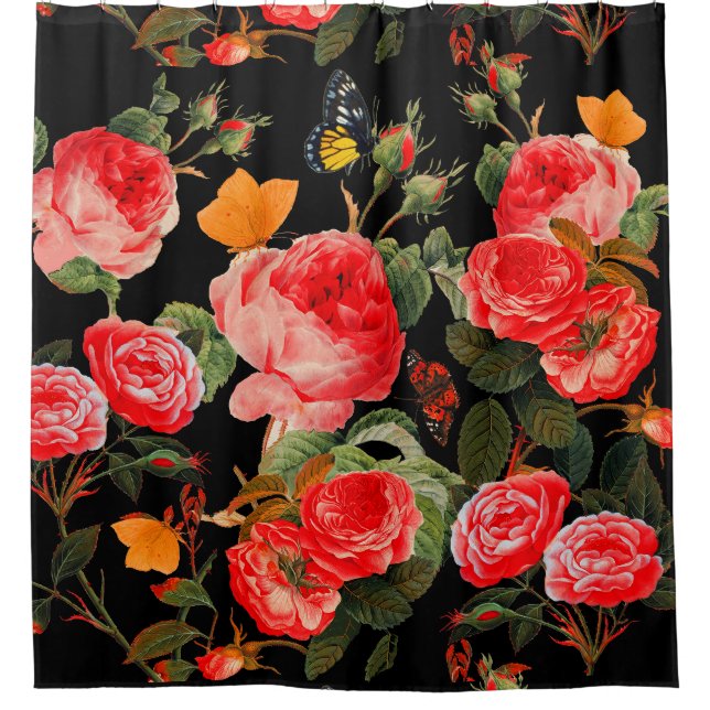 Rideaux De Douche ROSES ROUGES ET BOUTEILLES JAUNES Floral noir (Devant)