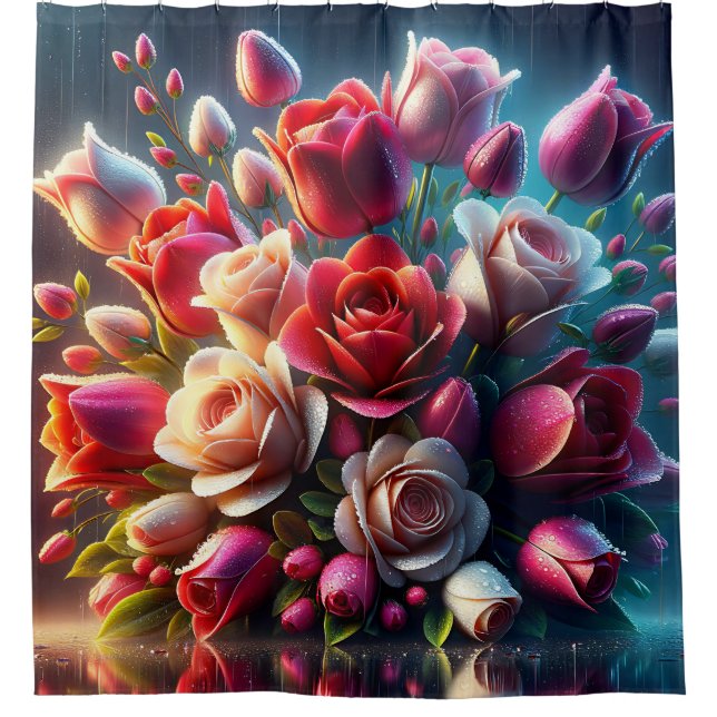 Rideaux De Douche "Roses rouges et roses avec gouttes de pluie" (Devant)