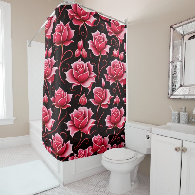 RIDEAUX DE DOUCHE ROSES ROUGES ROMANTIQUES FLORALES (En situation)