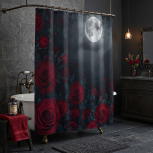 Rideaux De Douche Roses rouges sombres romantiques & pleine lune