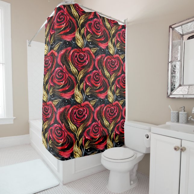Rideaux De Douche Roses Rouges Tourbillonnantes (En situation)