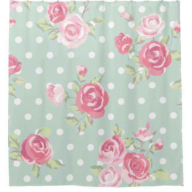 Rideaux De Douche roses vert clair et roses, chic minable, motif, (Devant)