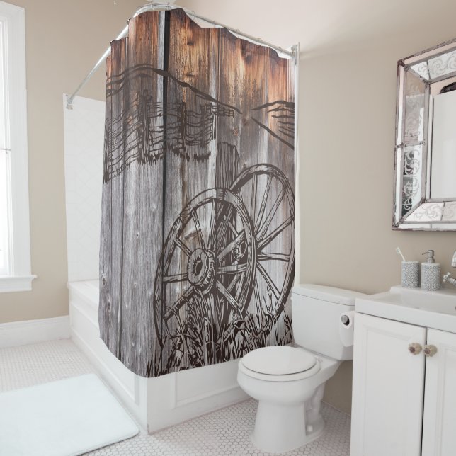 Rideaux De Douche Roue en bois de Barnwood rustique (En situation)