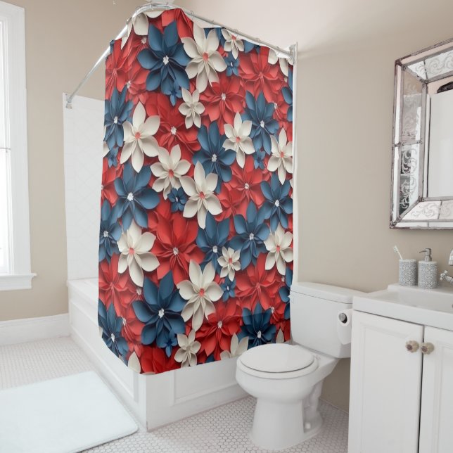 Rideaux De Douche Rouge Blanc Bleu Fleur Jardin Motif Floral USA (En situation)