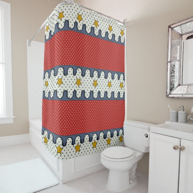 Rideaux De Douche Rouge, Blanc, Bleu - Pois, Grandes et Étoiles (En situation)