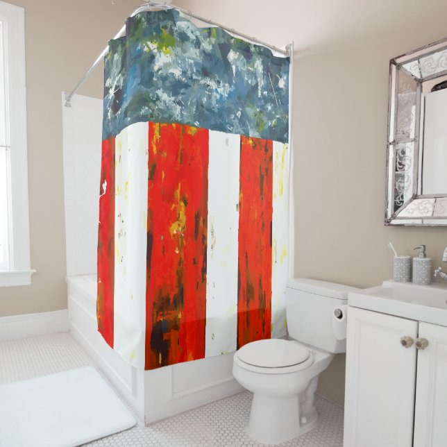 Rideaux De Douche Rouge, blanc et bleu Abstrait moderne (En situation)