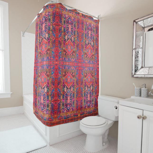 Rideaux De Douche Rouge + Bleu Perse Tapis Oriental Tapis Imprimer (En situation)
