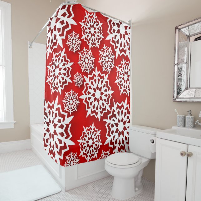 Rideaux De Douche Rouge de Noël avec gros flocons blancs (En situation)