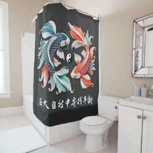 Rideaux De Douche Rouge et bleu Koi Prospérité Yin Yang