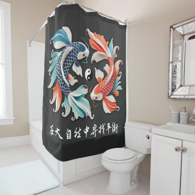 Rideaux De Douche Rouge et bleu Koi Prospérité Yin Yang (En situation)