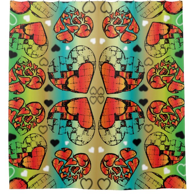 Rideaux De Douche Rouge et vert Whimsical Romantique Coeurs motif (Devant)