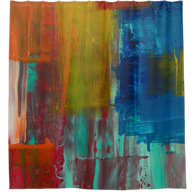 RIDEAUX DE DOUCHE ROUGE JAUNE BLEU ET BLANC PEINTURE ABSTRAITE (Devant)