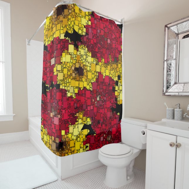 Rideaux De Douche Rouge, Jaune, Or Géométrique Abstrait (En situation)