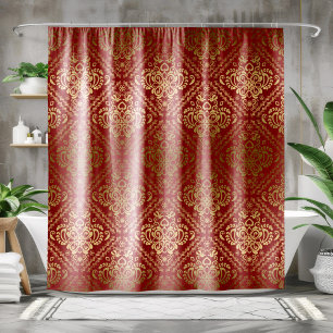 Rideaux De Douche Rouge & Or Vintage Floral Damask Motif géométrique