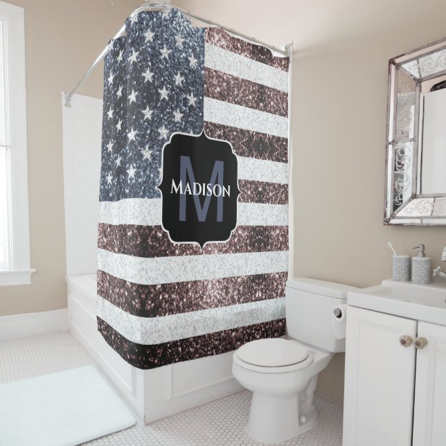 Rideaux De Douche Rouge rustique Bleu Bleu Étincelles drapeau améric (En situation)