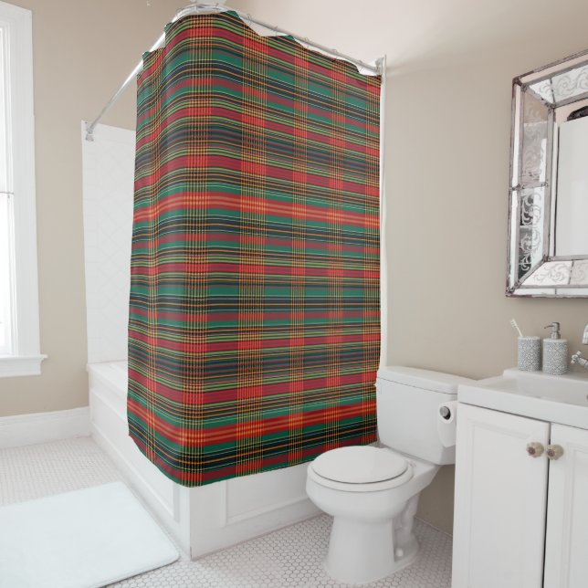 Rideaux De Douche Rouge vert noir Tartan écossais Plaid Motif (En situation)