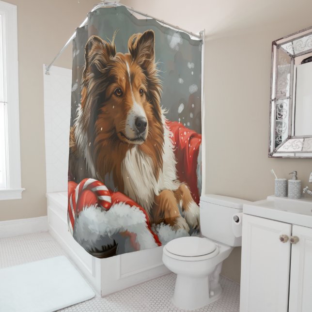 Rideaux De Douche Rough Collie Chien Festif de Noël (En situation)