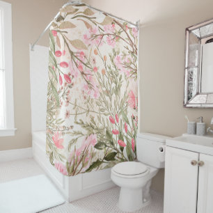 Rideaux De Douche Rougissent l'aquarelle de corail rose de vert