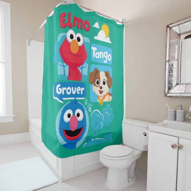 Rideaux De Douche Rue Sésame | Elmo, Tango, & Grover Park Graphic (En situation)