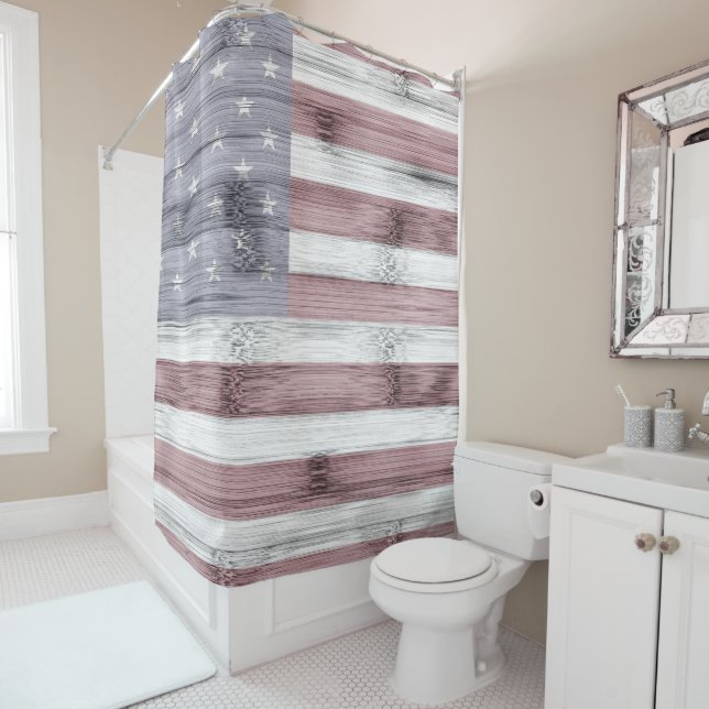 Rideaux De Douche Russe Rouge Blanc Bleu Bois américain drapeau Amér (En situation)