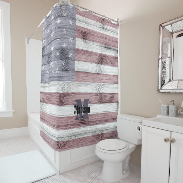 Rideaux De Douche Russe Rouge Blanc Bleu Bois Drapeau américain Mono (En situation)