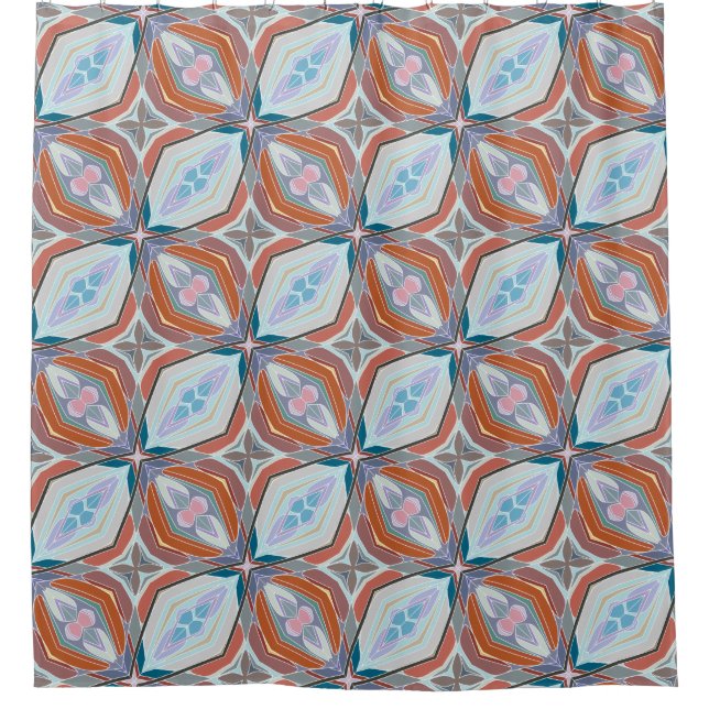 Rideaux De Douche Rust unique, Turquoise, Bleu clair et rose Motif D (Devant)