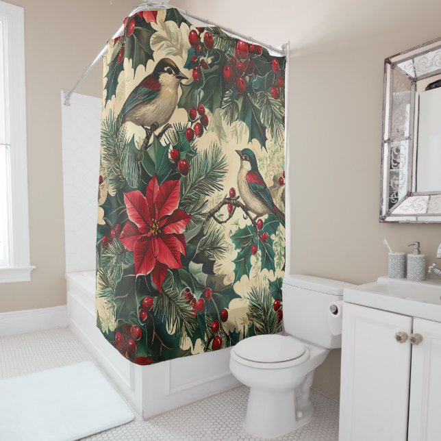Rideaux De Douche Rustic Bird et Poinsettia Motif de Noël (13) (En situation)