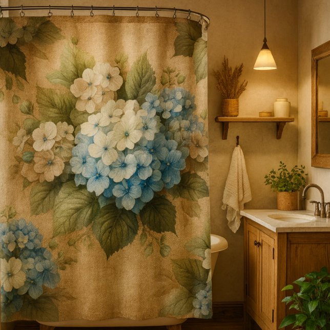 Rideaux De Douche Rustic Blue Hydrangea  Floral Shower Curtain (Rustic burlap and hydrangea floral shower curtain mockup )
