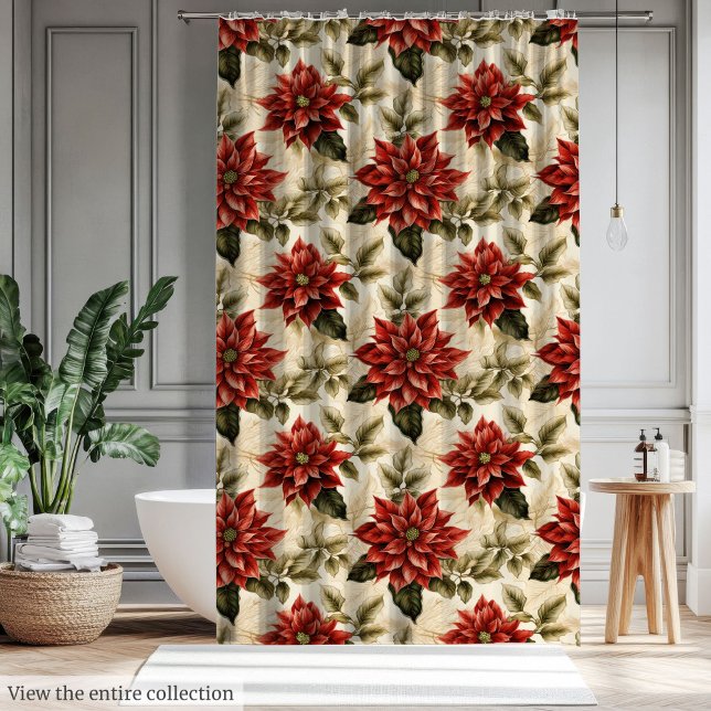 Rideaux De Douche Rustic Christmas Curtain Red Vintage Poinsettia (Rustic Christmas Curtain Red Vintage Poinsettia)